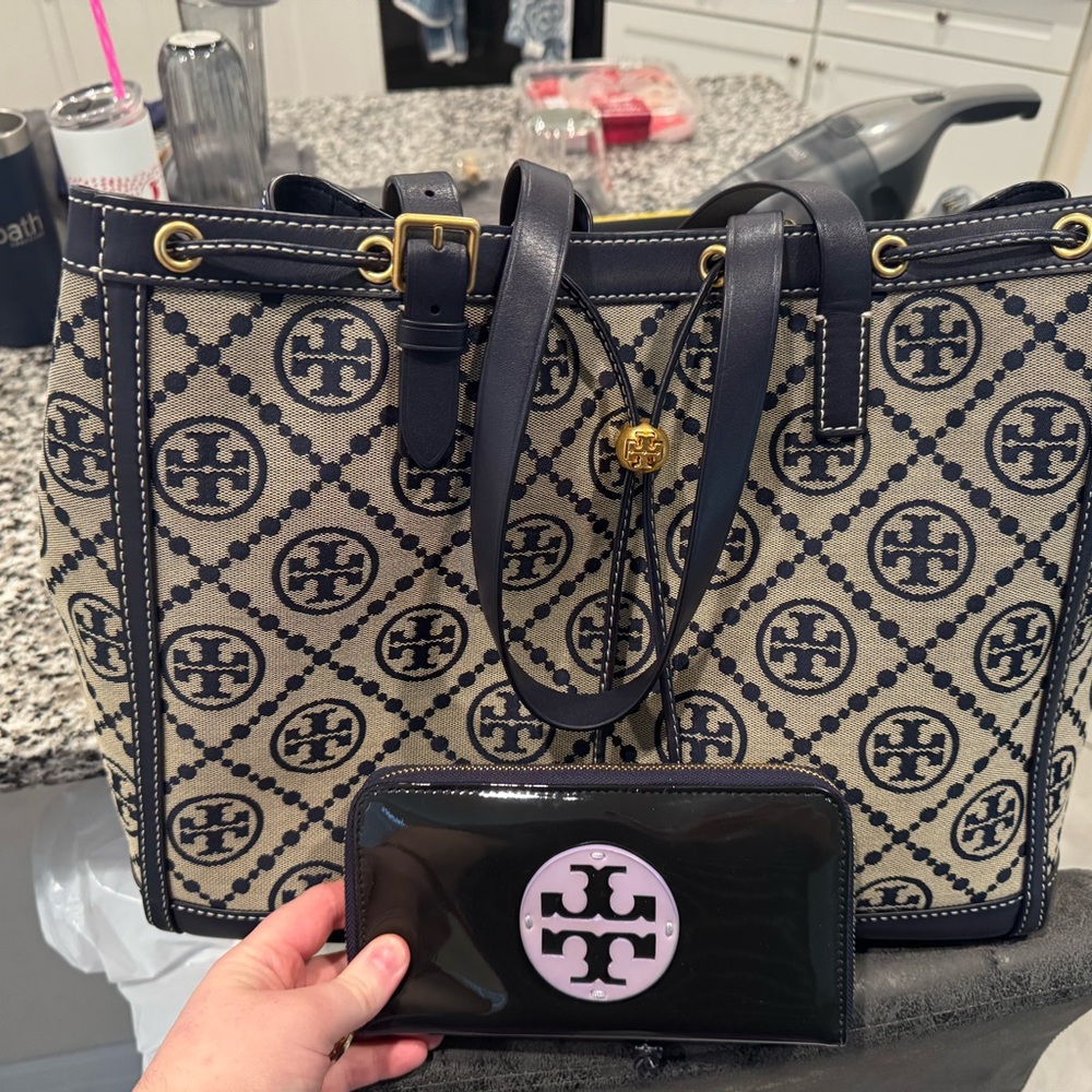 Tory Burch Cream and Blue Geometric Tote Bag